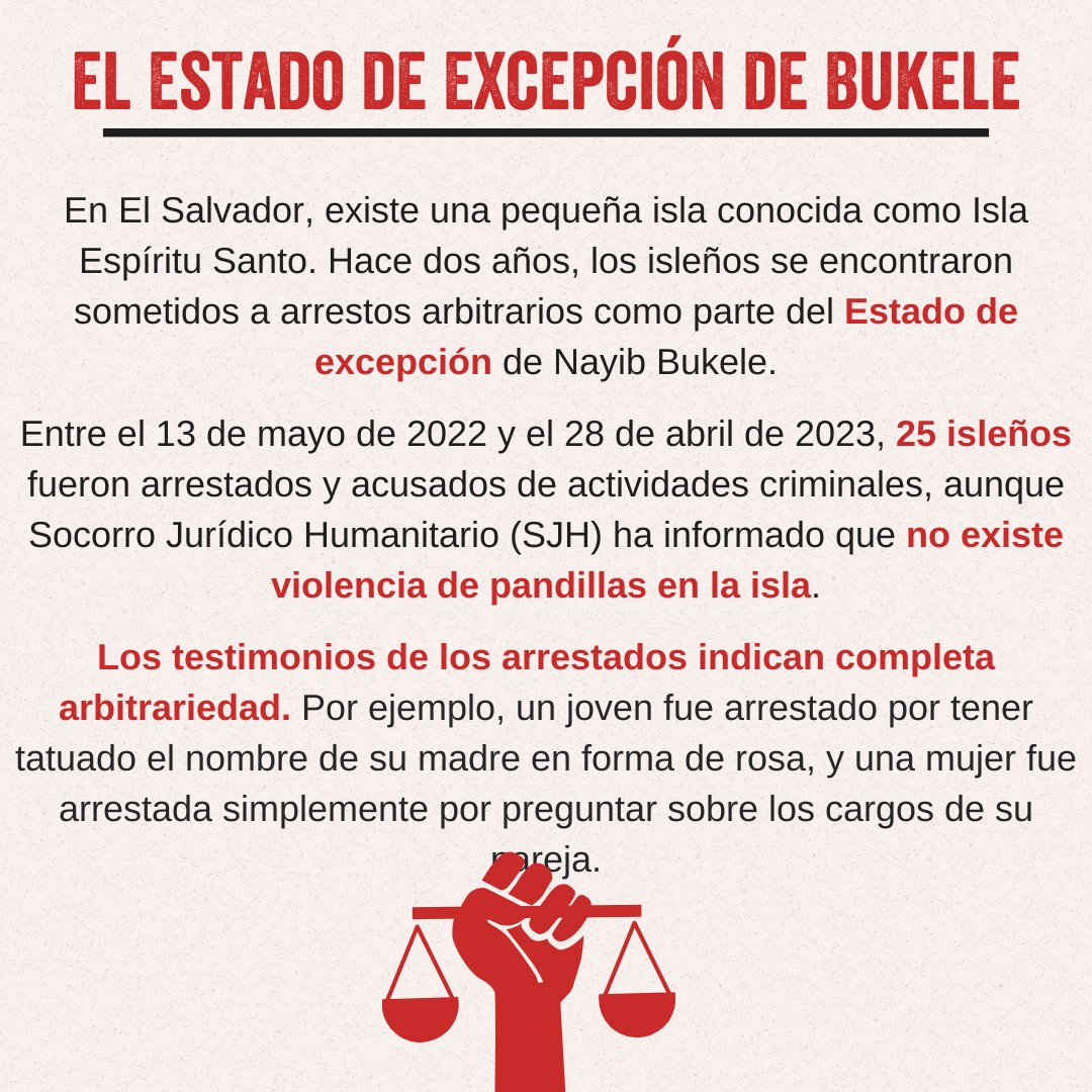 LAWGaction's tweet photo. 🗓️July 18, 2022: the biggest raid of arbitrary arrests on the Isla Espíritu Santo in #ElSalvador 🇸🇻
2 years later and 17 people are STILL arrested under the #StateofException ❌
Let's honor the victims and demand for their immediate release ⚖️
#LibertadParaIES https://t.co/sDW4pzi57G