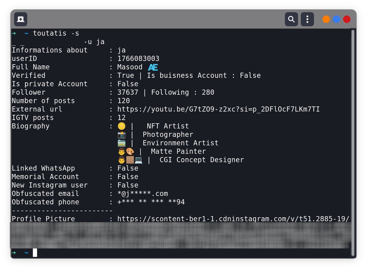 0xtechrock's tweet image. OSINT TIP #314🌟
Toutatis is a tool that allows you retrieve censored emails and phone numbers from an Instagram account.
🔗github.com/megadose/touta…
@palenath 👏
#OSINT #infosec