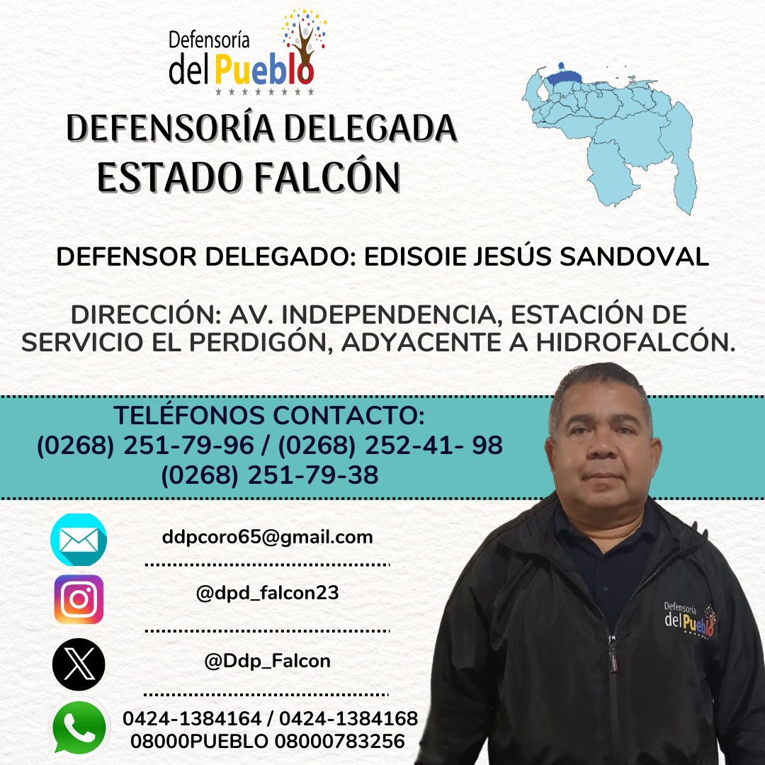 La @Defensoria_ Vzla te invita a conocer a nuestros defensores y defensoras delegadas de cada estado del país, quienes están prestos a atender y orientar a la población en materia de presunta vulneración de sus derechos humanos. <a href="/Ddp_Falcon/">Delegada de Falcón</a>
