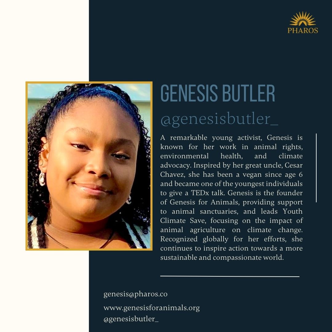 Pharos_co's tweet image. Welcome Genesis Butler! Genesis, a young activist passionate about animal rights and climate advocacy, joins Pharos! Vegan since age 6, she leads Youth Climate Save and founded Genesis for Animals. Featured in Vox’s Future Perfect 50! #PharosFeatures #YouthActivist #Influencer