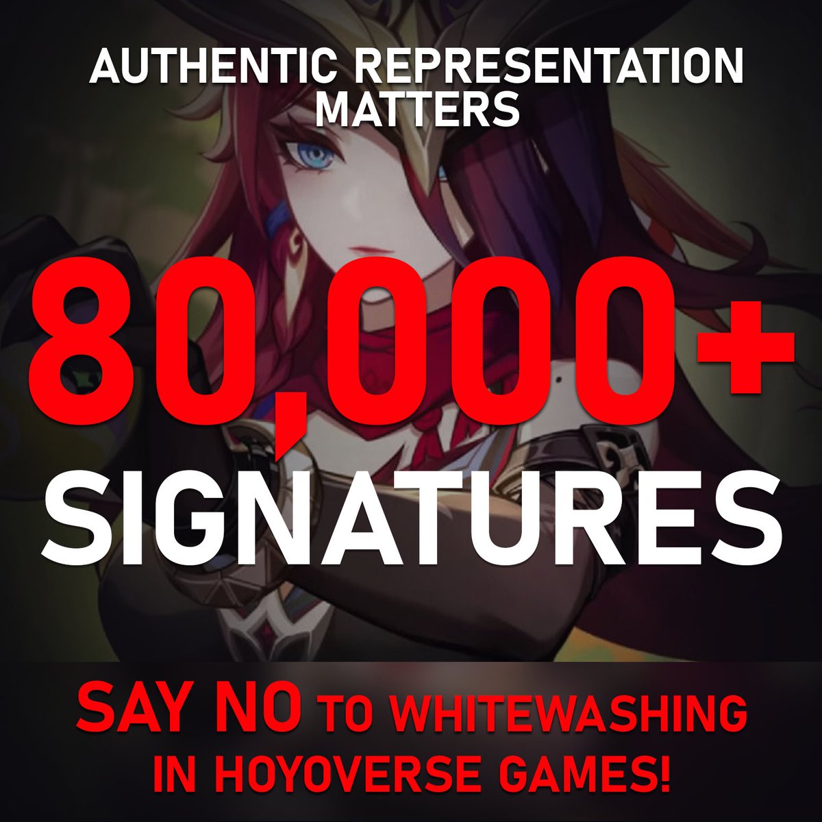 AvenOfStrats's tweet photo. 80K SIGNATURES!!
Thank you so much everyone for all your support!
✍️Sign & Share: https://t.co/ukyA0NUOD2
The petition has been going for just 12 days and over 10k+ people are signing every day now!
#StopWhitewashing #BoycottHYV #RepresentationMatters #GenshinNatlan https://t.co/B6hFhLnZy6