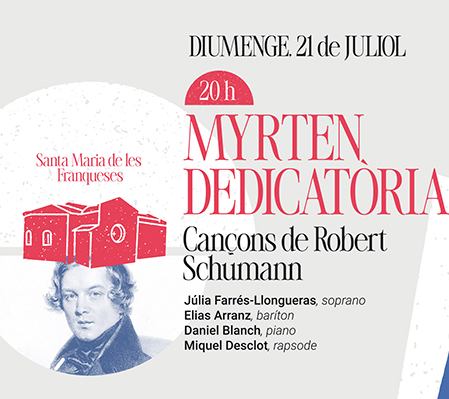 Aquest diumenge 21 de juliol Miquel Desclot s'uneix a nosaltres per interpretar els Myrten de Schumann al Juliol de Música i Poesia: 26 poesies recitades per Desclot en la versió en català que ha fet pel concert. Una absoluta delicia!!
Amb Júlia Farrés-Llongueras i Elias Benito