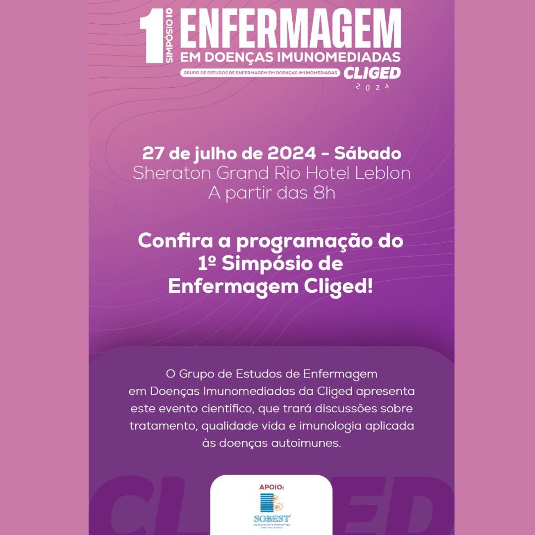 SOBEST_oficial's tweet photo. Confira a programação do 1º Simpósio de Enfermagem promovido pela Cliged! 

O encontro faz parte da agenda científica do Grupo de Estudos de Enfermagem em Doenças Imunomediadas - GEEDI e tem o apoio da Associação Brasileira de Estomaterapia – SOBEST®️. https://t.co/4iM5g4wiN9