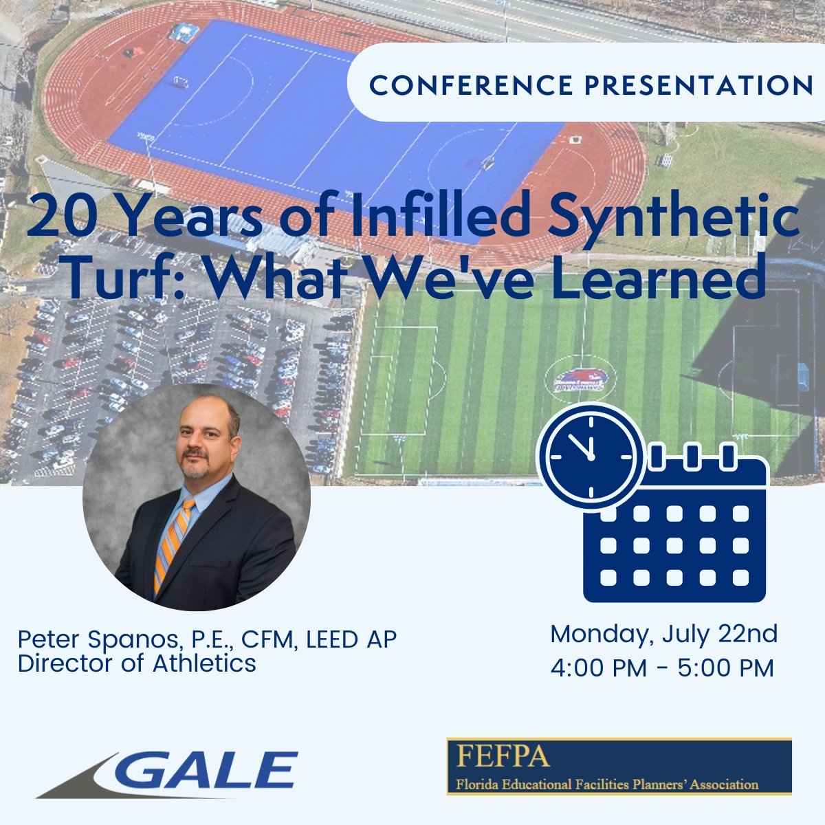 GaleAssociates's tweet photo. Peter Spanos will be presenting "20 Years of Infilled Synthetic Turf: What We've Learned" at the Florida Educational Facilities Planners' Association's Summer Conference Monday, July 22nd at 4:00 PM https://t.co/8AGSLcMkb5 https://t.co/ugcLhfSX4v