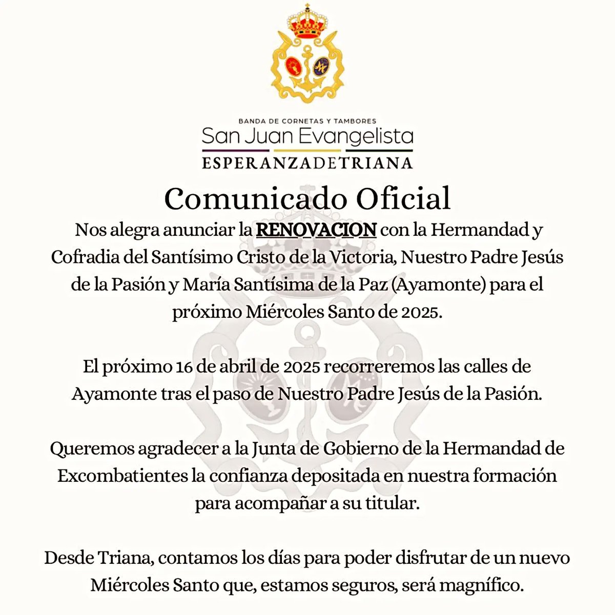 SJE_EspDeTriana's tweet photo. #NOTICIA Un placer anunciar la RENOVACION de contrato con @HExcombatientes para el próximo Miércoles Santo de 2025.
#noticia #comunicado #sanjuanevangelista #triana #banda #ccytt #sevilla #ayamonte #semanasanta #2025 #tambor #corneta #hermandad #excombatientes https://t.co/SFtGBtspzt