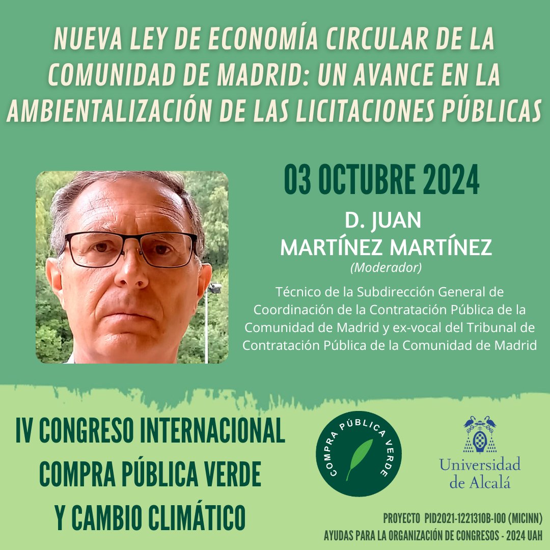 IV Congreso Internacional de CPV y Cambio Climático. "Nueva Ley de economía circular de la Comunidad de Madrid"    
🗣️: D. Jesús Valles Gutiérrez y  D. José Luis Casas Martín. 
Modera: Juan Martínez Martínez 
🕒12:00 
📍Rectorado, <a href="/UAHes/">Universidad Alcalá</a>
Inscríbete: forms.office.com/e/39KFyCi0Cy