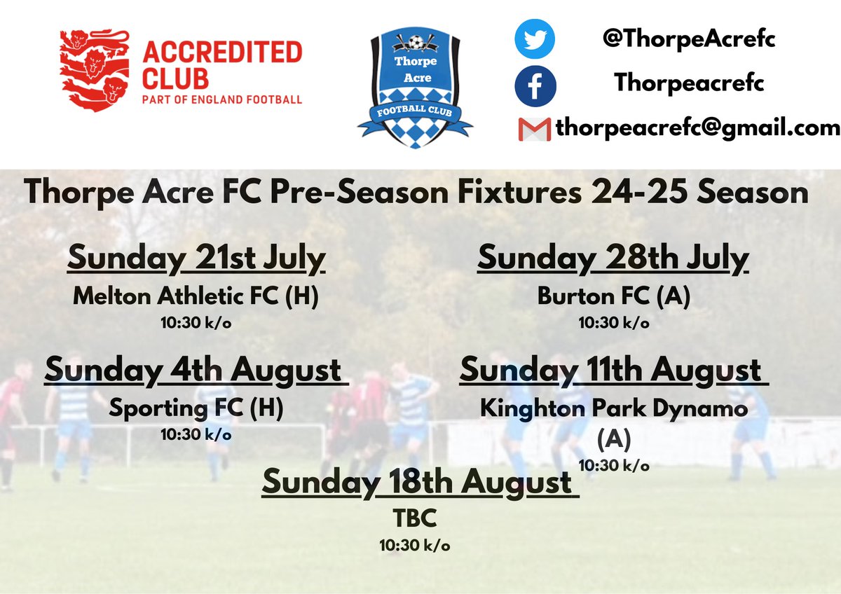 ThorpeAcrefc's tweet photo. Pre-season training started last night and starting early with the friendlies! Check out the list below with one date available! 

Also, we are on the look out for new players so if you fancy it get in touch with us below as we get ready for the start of the season! 
🔵⚪️🔵⚪️🔵⚪️ https://t.co/gYmWQ8iJap
