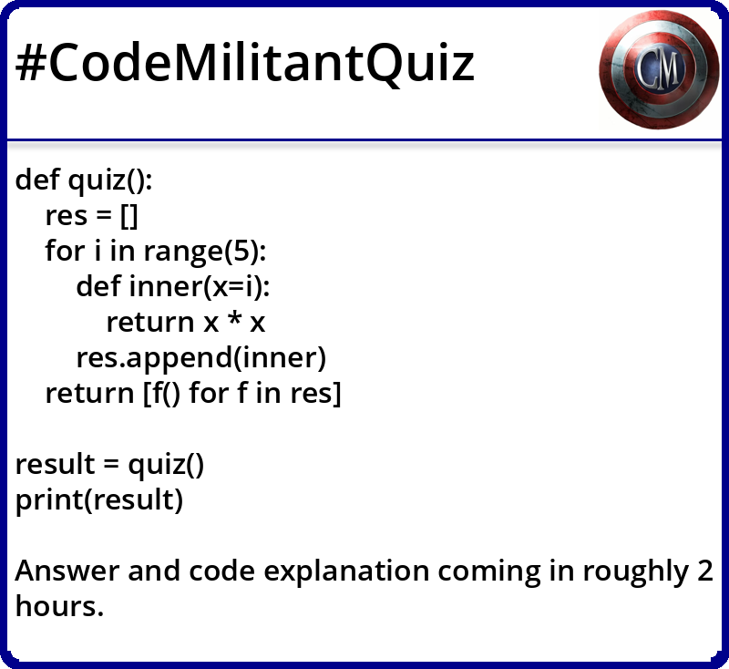 codemilitant's tweet image. Can you solve this Python code snippet quiz! Retweet to your friends 🤔
#CodeMilitantQuiz #PythonQuiz