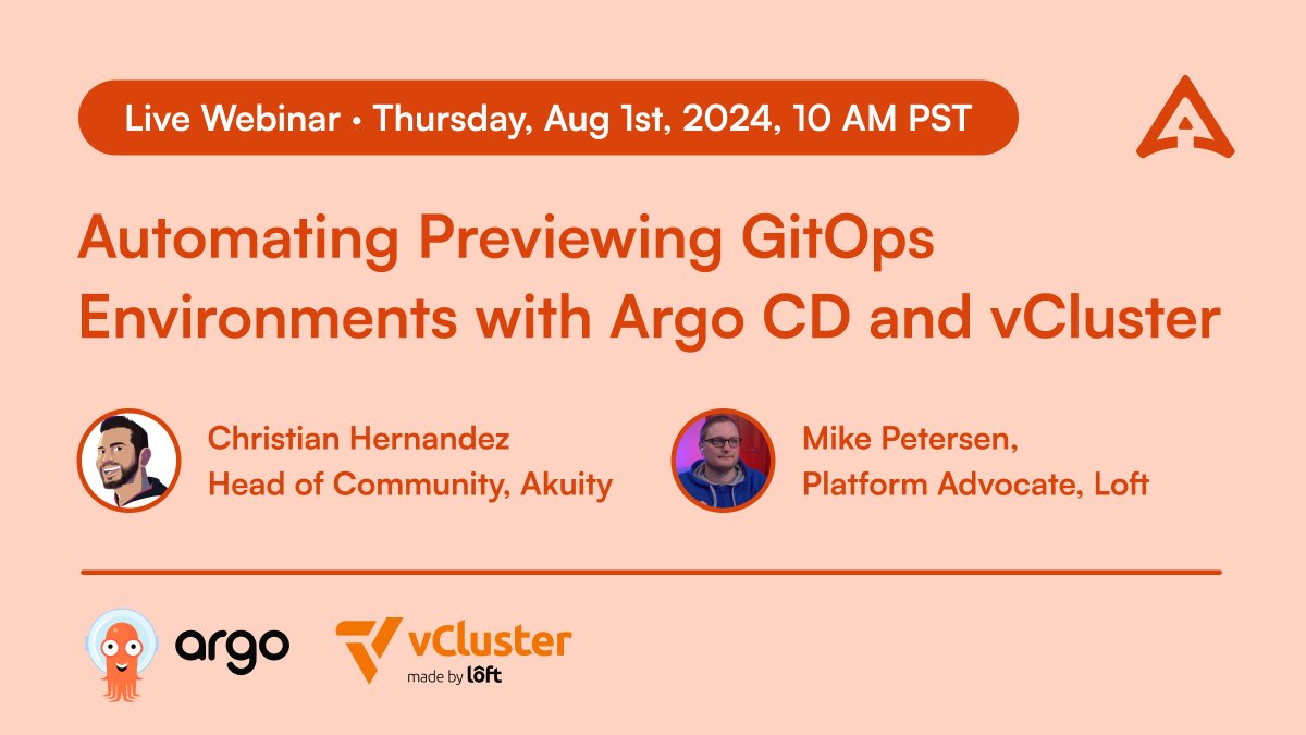 akuityio's tweet photo. Want to preview changes before syncing them with #GitOps? 🔍 

Join @christianh814 and @loft_sh's Mike Peterson to learn how to automate environment previews with #ArgoCD and #vCluster.👨‍💻

Save your spot 👉https://t.co/RULm3YT1AL

#Kubernetes #DevOps #Automation #CloudNative https://t.co/iihiOkun0f