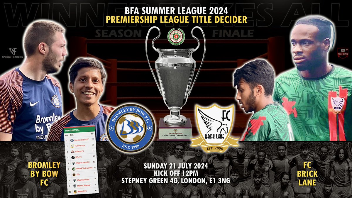SportingFndtn's tweet photo. 🚨 Summer League Premiership Title Decider this Sunday 12PM at Stepney Green Astro.

@FCBrickLane vs @BBBFC 

The Top Two battle it out in the final game of the season - winner takes all! 🏆

Watch the goals and build up to the decider here on YouTube: https://t.co/TTpR4ZbE82 https://t.co/gk11PTXmgI