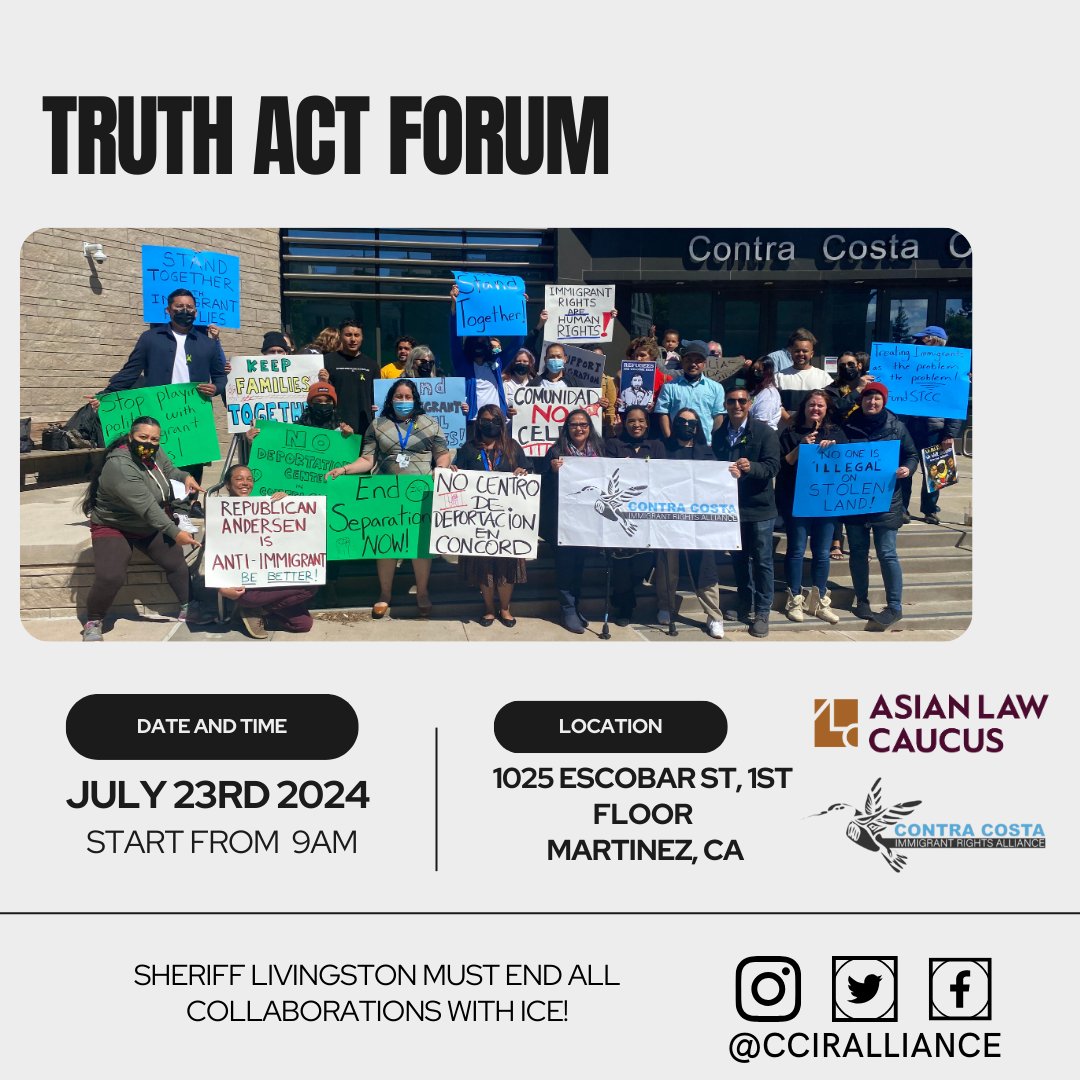 AsianLawCaucus's tweet photo. 📣 Join us at the #TRUTHAct Forum to #DemandTransparency!
Discover the inner workings of communication between the Sheriff's Office, the Probation Department, and ICE in 2024 & learn how to take action in support of immigrant justice.
https://t.co/pWzKn5K2oQ https://t.co/6fy6bLhUWN
