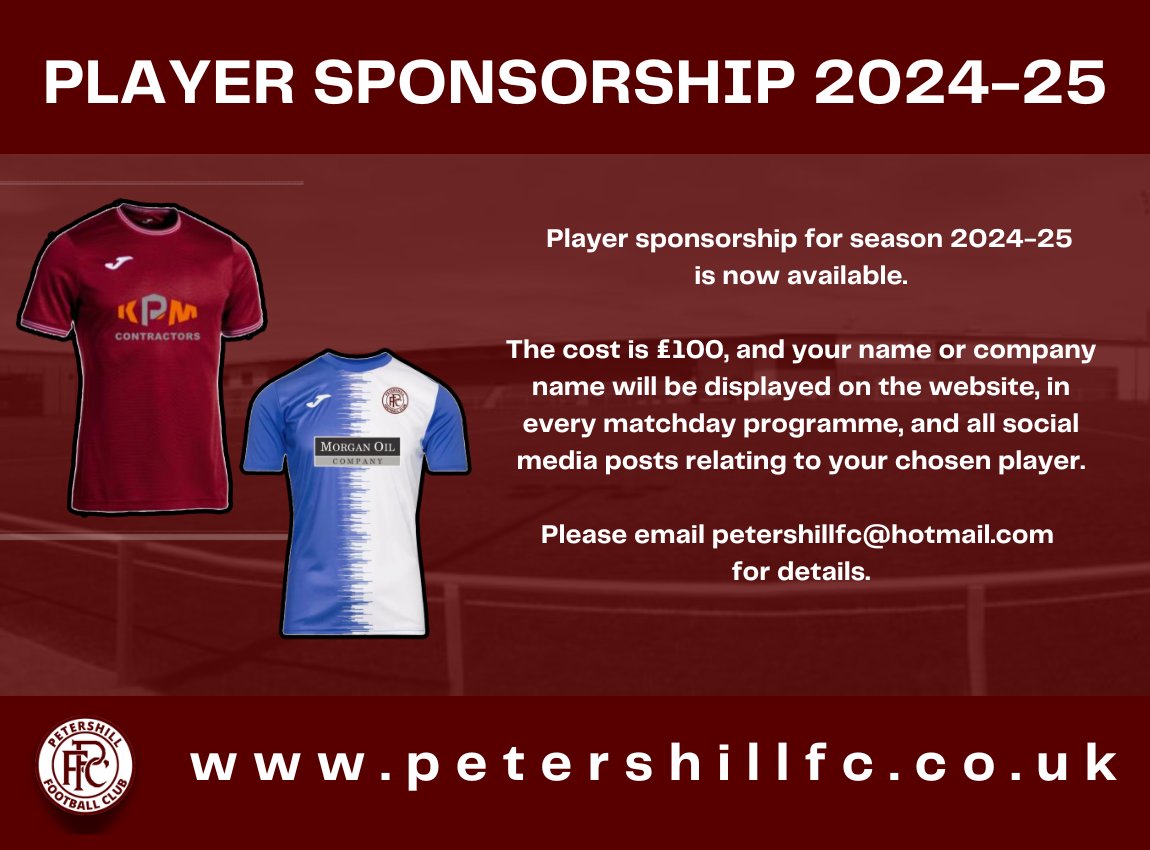 PetershillFC's tweet photo. Our thanks go to @KpMcallister and Morgan Oil who have sponsored our home and away jerseys for the season ahead.

Player sponsorship costing £100 is available now, info in the graphic below. https://t.co/fKgHuD2yHS