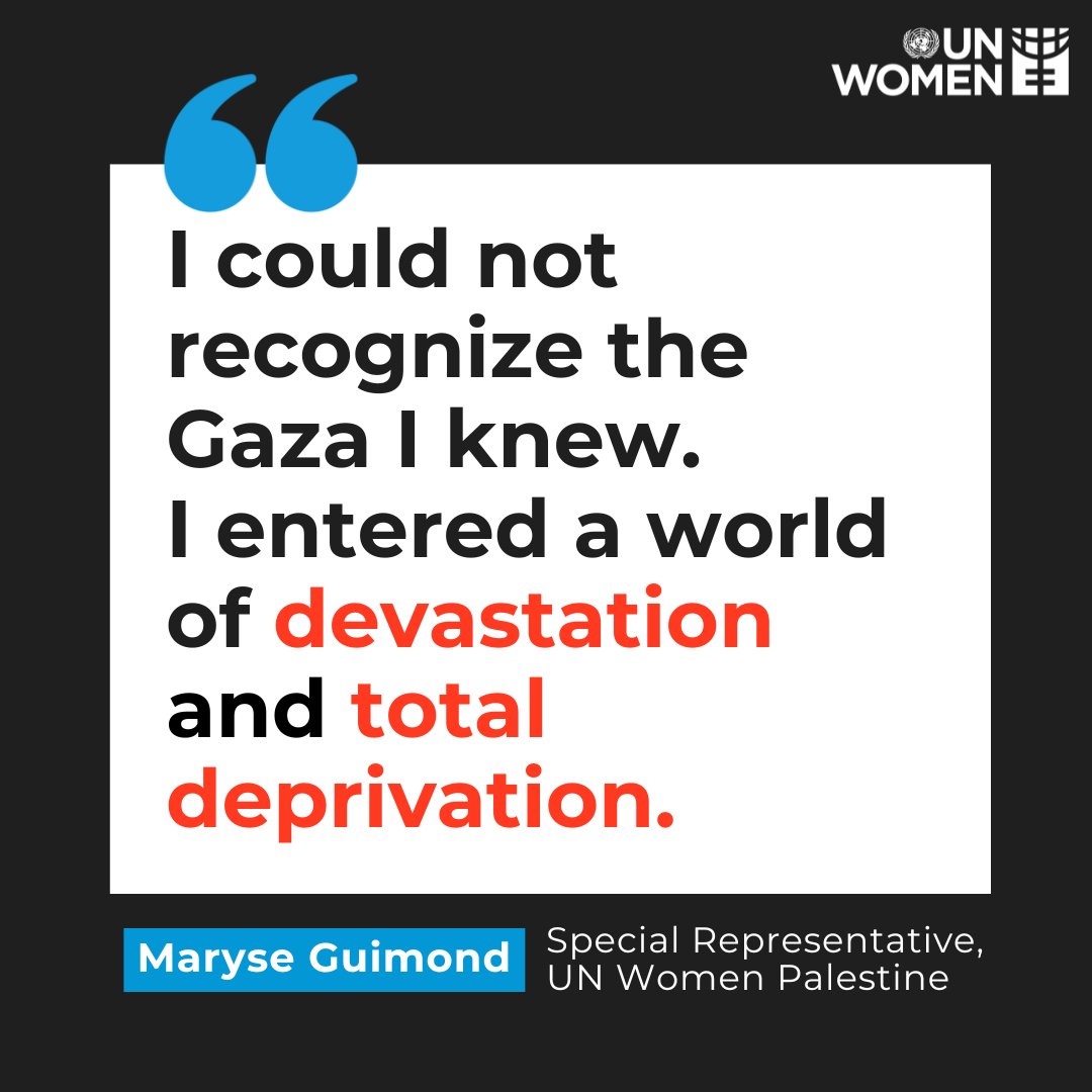 UN_Women's tweet photo. The war on #Gaza is a war on women.

During her recent visit to Gaza, @unwomenpal Special Representative Maryse Guimond saw the daily escalation of violence and destruction there.

👉Read her full brief: https://t.co/T4jtOZNp38
📺 Replay on @unwebtv: https://t.co/2wZS0zIunF https://t.co/U0moxpE1XK