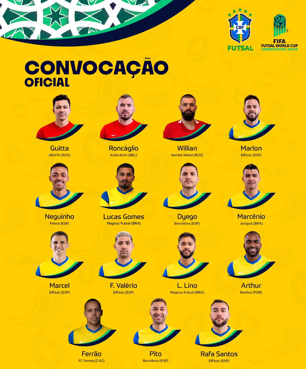 CBF_Futsal's tweet photo. Saiu a lista oficial! 🇧🇷

Nesta quinta-feira (18), Marquinhos Xavier e sua comissão técnica divulgaram os nomes que farão parte da delegação brasileira na Copa do Mundo FIFA 2024. Vale ressaltar que apenas 14 seguirão para o mundial. https://t.co/4GdmS48E5C