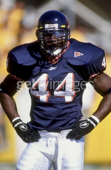 HoosFootball's tweet photo. We’re 44 days from #UVA football! 

Pictured: Wali Rainer (1995-1998) was a 4x letter-winner and 2x All-ACC selection who finished his career #7 all-time at UVA in tackles, #7 in tackles for loss, and #8 in sacks. As a senior, Rainer led the Hoos in tackles for the second straight year and earned 1st Team All-ACC and 2nd Team All-America honors.

Rainer was selected in the 4th round of the 1999 draft by the Cleveland Browns. He played seven years in the NFL with the Browns, Jaguars, and Lions.