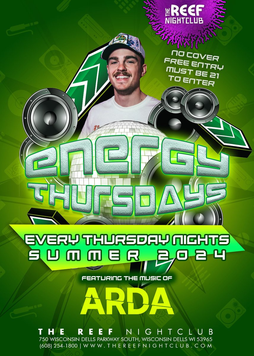 TheReefWD's tweet photo. Tonight at 10 p.m., don't miss Energy Thursdays with ARDA! Enjoy 2-for-1 Bahama Mama Mixers, $5 Captain &amp; Malibu mixers, $4 Jameson shots, and $4 Blackberry Brandy shots!
#thereefnightclub #djs #ARDA #EnergyThursdays #wisconsindells #Wisconsin https://t.co/xqsUHSOPnT