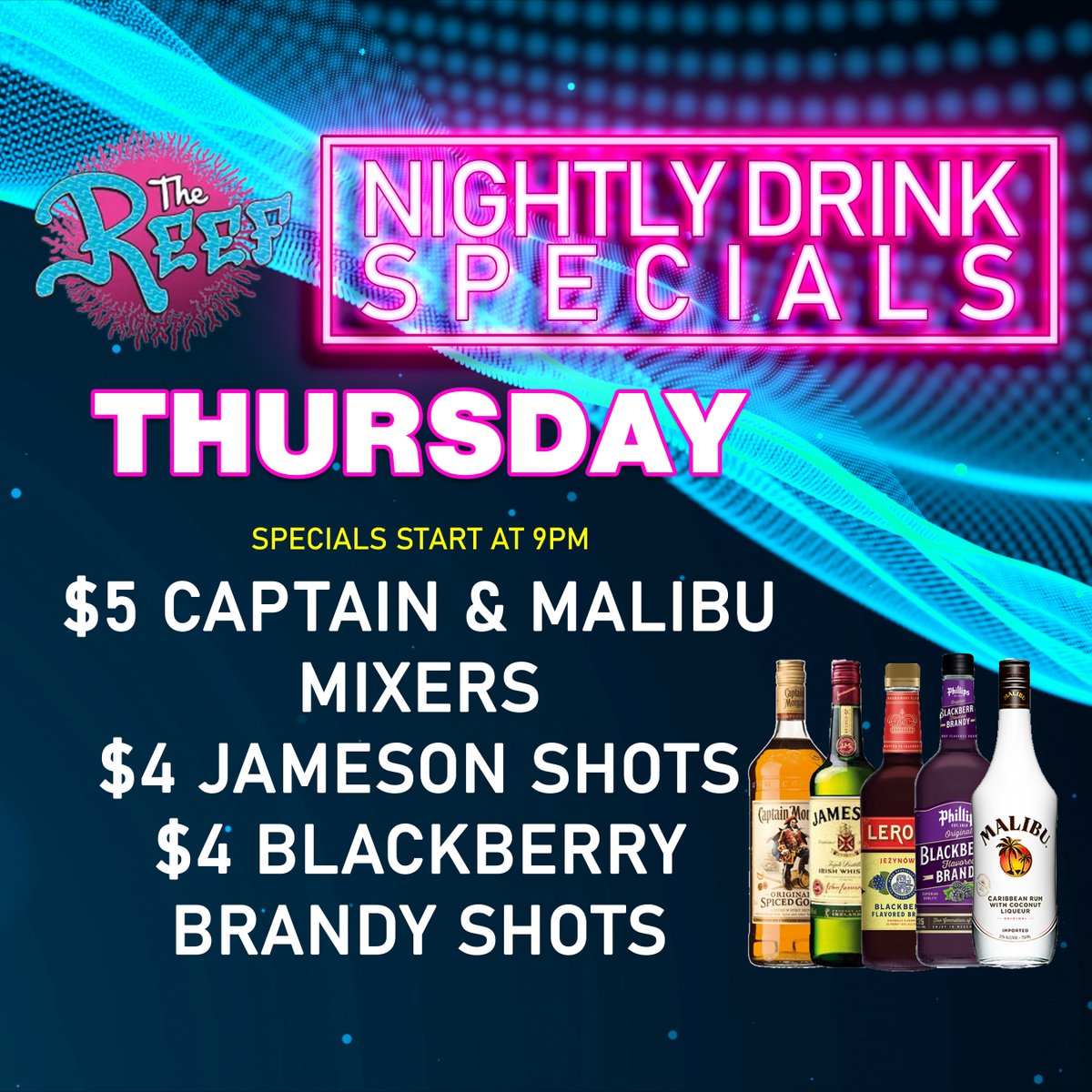TheReefWD's tweet photo. Tonight at 10 p.m., don't miss Energy Thursdays with ARDA! Enjoy 2-for-1 Bahama Mama Mixers, $5 Captain &amp; Malibu mixers, $4 Jameson shots, and $4 Blackberry Brandy shots!
#thereefnightclub #djs #ARDA #EnergyThursdays #wisconsindells #Wisconsin https://t.co/xqsUHSOPnT