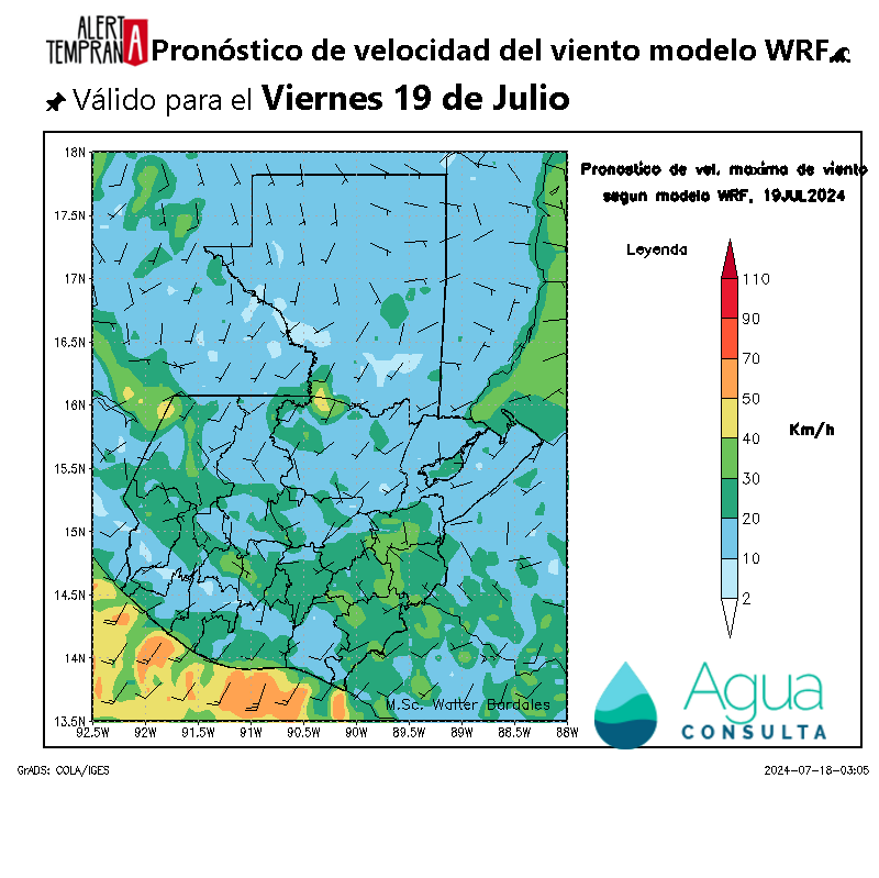 AlertaGt502's tweet photo. Pronóstico del Tiempo
Viernes 19 de Julio
🇬🇹Vigorosa #OndaTropical22 Vaguada y Vaguada Monzónica favorecen lluvias de fuertes a intensas y vientos fuertes con rachas de hasta 70km/h y temperaturas con máximas de hasta 34ºC
#ClimaGt #TraficoGt #LluviasGt
#OT22 #OndaTropical23 https://t.co/8dkFRnNykz