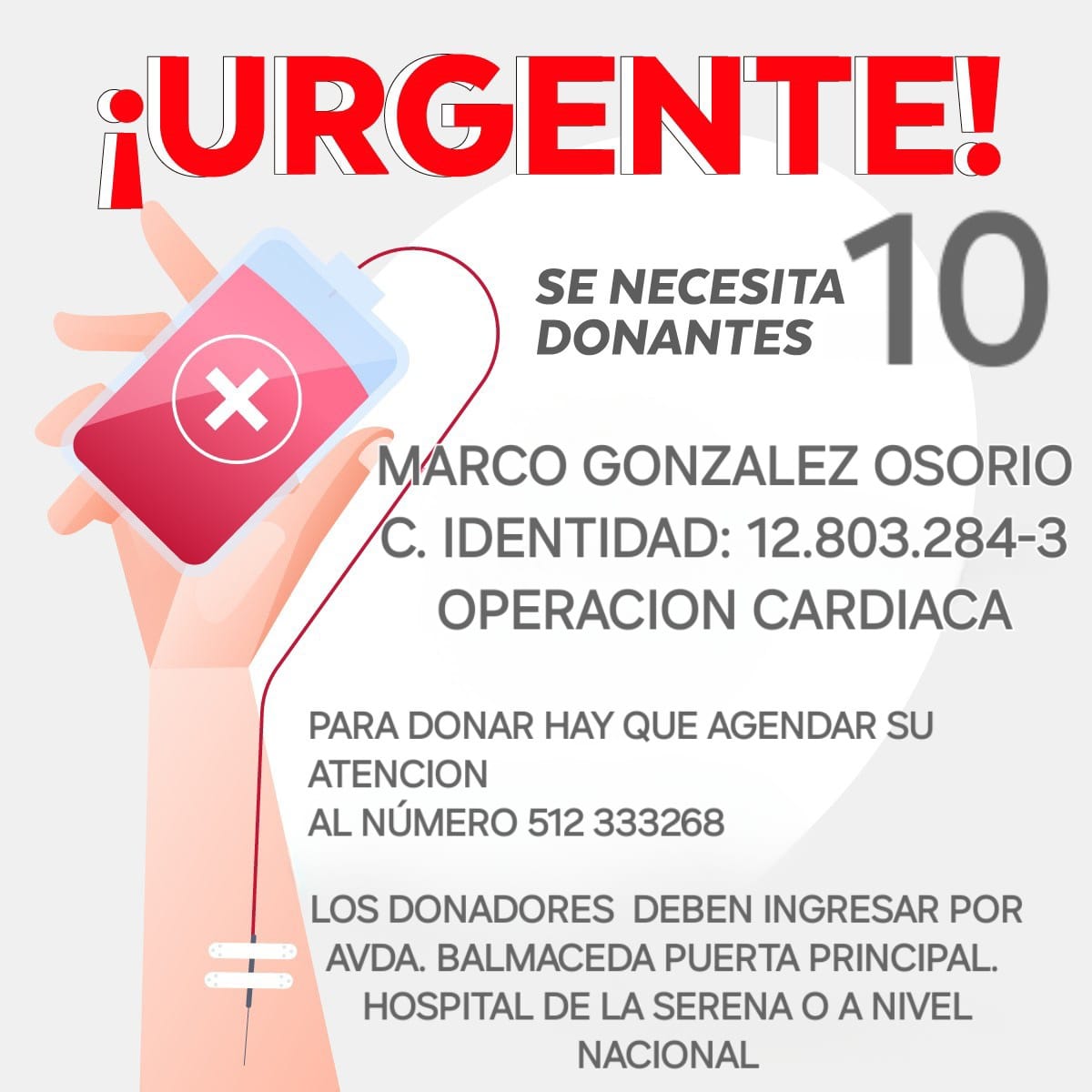 an_perez29's tweet photo. @LaSerenaOnline Hola a todos! favor compartir, se necesita 10 donantes de Sangre, para Marco Gonzalez Osorio, es urgente!!!!. Por operación cardiaca, quien sea de la Iv. Región les agradecemos su ayuda, sino compartan y difundan. Esto en el Hospital de La Serena https://t.co/nvrsZLybkY
