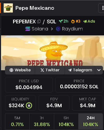 PEPEMEXICANOSOL's tweet photo. $PEPEMEX is actively growing, we are already HOT-3 DexScreener! 🔥🔥

❤️‍🔥Very soon we will be HOT-1 EVERYWHERE! 
Pour tequila and enjoy! 🌵

🌵ca: 8BrXa5HA5J6zHrRzitrJtSFZxj4RCvLETek58E7mcVPS

#PepeMexicano #Crypto #Solana #MemeToken https://t.co/qQRSBePoQv