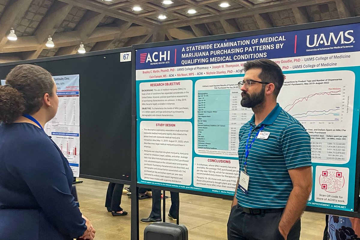 ACHI_Net's tweet photo. At the 2024 @AcademyHealth Annual Research Meeting in Baltimore, ACHI's @JoeThompsonMD, Nik Noori, MPS, and Cain Farnam, MS, presented research on the impact of #MedicalMarijuana in Arkansas. #ARM24 https://t.co/bDBHmYQ3YI