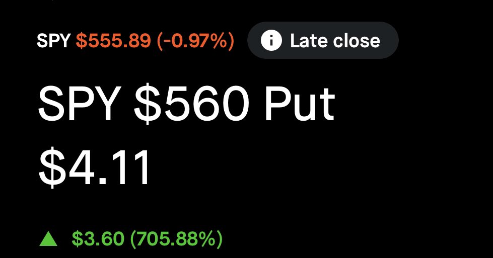 stocksandreales's tweet image. ANOTHER LOSS TODAY

7/11 $SPY Put 700% ✅
7/11 $QQQ Put 1,600% (discord) ✅
7/12 $SPY CALL 560% (discord) ✅
7/12 $QQQ CALL 650% (discord) ✅
7/12 $NVDA CALL 700% (discord) ✅
7/16 $QQQ PUT 300% (discord) ✅
7/17 $QQQ CALL -100% ❌
7/17 $SPY CALL -100% ❌
7/18 $SPY CALL -100% ❌…