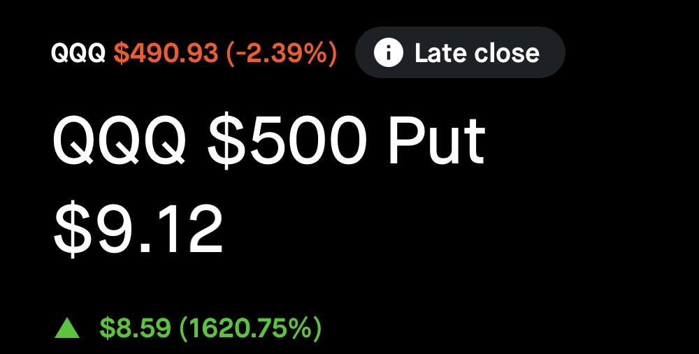 stocksandreales's tweet image. ANOTHER LOSS TODAY

7/11 $SPY Put 700% ✅
7/11 $QQQ Put 1,600% (discord) ✅
7/12 $SPY CALL 560% (discord) ✅
7/12 $QQQ CALL 650% (discord) ✅
7/12 $NVDA CALL 700% (discord) ✅
7/16 $QQQ PUT 300% (discord) ✅
7/17 $QQQ CALL -100% ❌
7/17 $SPY CALL -100% ❌
7/18 $SPY CALL -100% ❌…