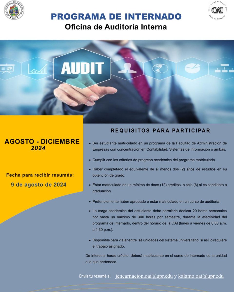 🚀 PROGRAMA DE INTERNADO - Oficina de Auditoría Interna🚀

Agosto - Diciembre 2024
Envía tu resumé antes del: 9 de agosto de 2024

📋 Requisitos para participar:
👇🏼👇🏼👇🏼

#uprb #siguelaseñalvaquera #fuerzavaqueraenacción