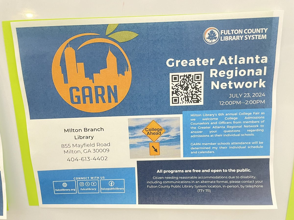 Bookman30022's tweet photo. Tuesday- July 23: 12pm-2pm 6th Annual College Fair at #TheNewMiltonLibrary. Swing by and meet the admissions counselors from the Greater Atlanta Regional Network. @AgansPrincipal @JonesBC_MHS @EAChilson @fulcolibrary https://t.co/2geE9PrEMC