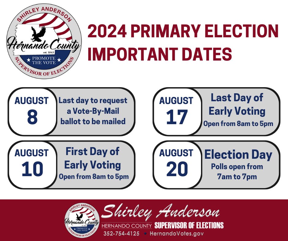 HernandoVotes's tweet photo. 🚨DATES TO REMEMBER🚨
Be sure to stay up date as we get closer to the 2024 Primary Election on August 20th.
#TrustedInfo2024 #TrustedElectionInfo https://t.co/ezhogFk8hn