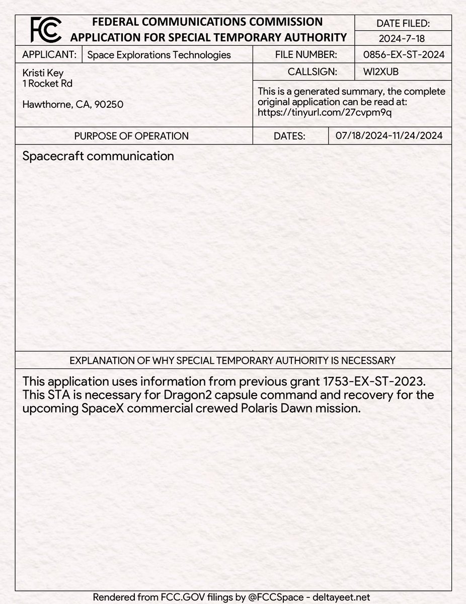 FccSpace's tweet image. License granted: Space Explorations Technologies
Dates: 07/18/2024-11/24/2024
Purpose: Spacecraft communication
apps.fcc.gov/oetcf/els/repo…