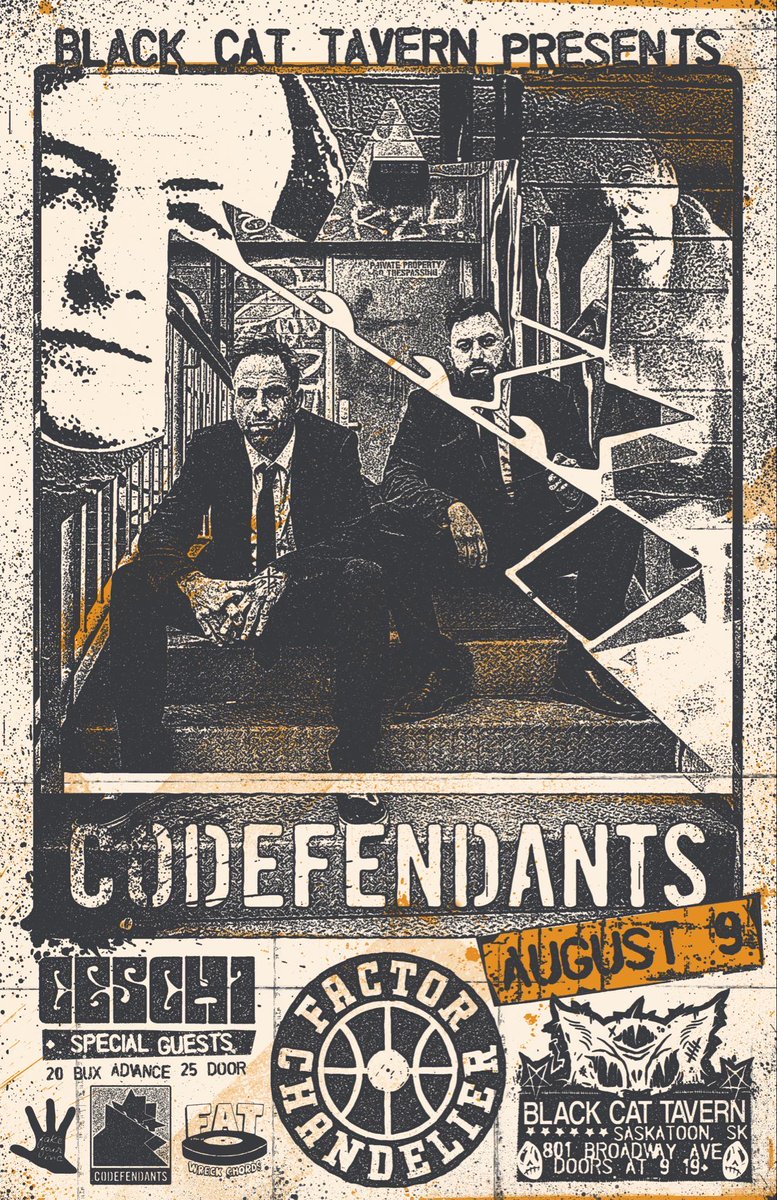 blackcatyxe's tweet photo. Tonight!!
Friday Aug 9
Codefendants // @ceschi // @factormusic
Doors @ 9PM, tickets: https://t.co/rtwBTklVwV

#blackcatyxe #codefendants #yxe #saskatoon https://t.co/ehThZsX8cB