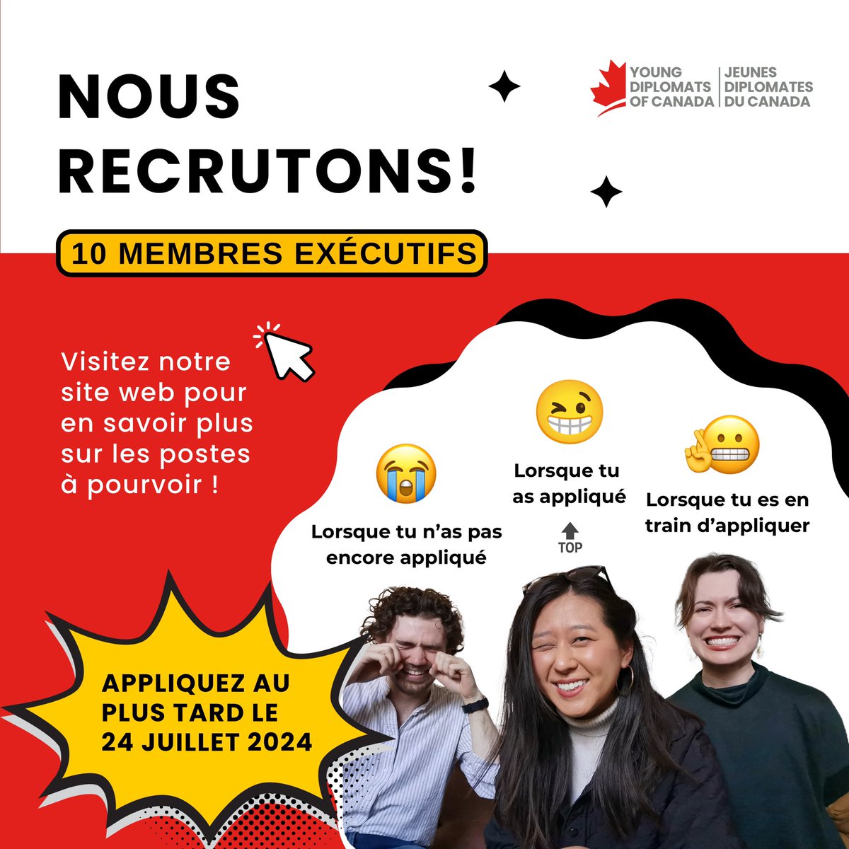‼️ Nous recrutons pour combler 10 postes vacants au sein de l’organisation des Jeunes Diplomates du Canada !

✍️ Postulez avant le 24 juillet 2024 à 23 h 59 HNP et faites une différence pour l’inclusion des jeunes dans la politique étrangère au Canada : youngdiplomats.ca/get-involved