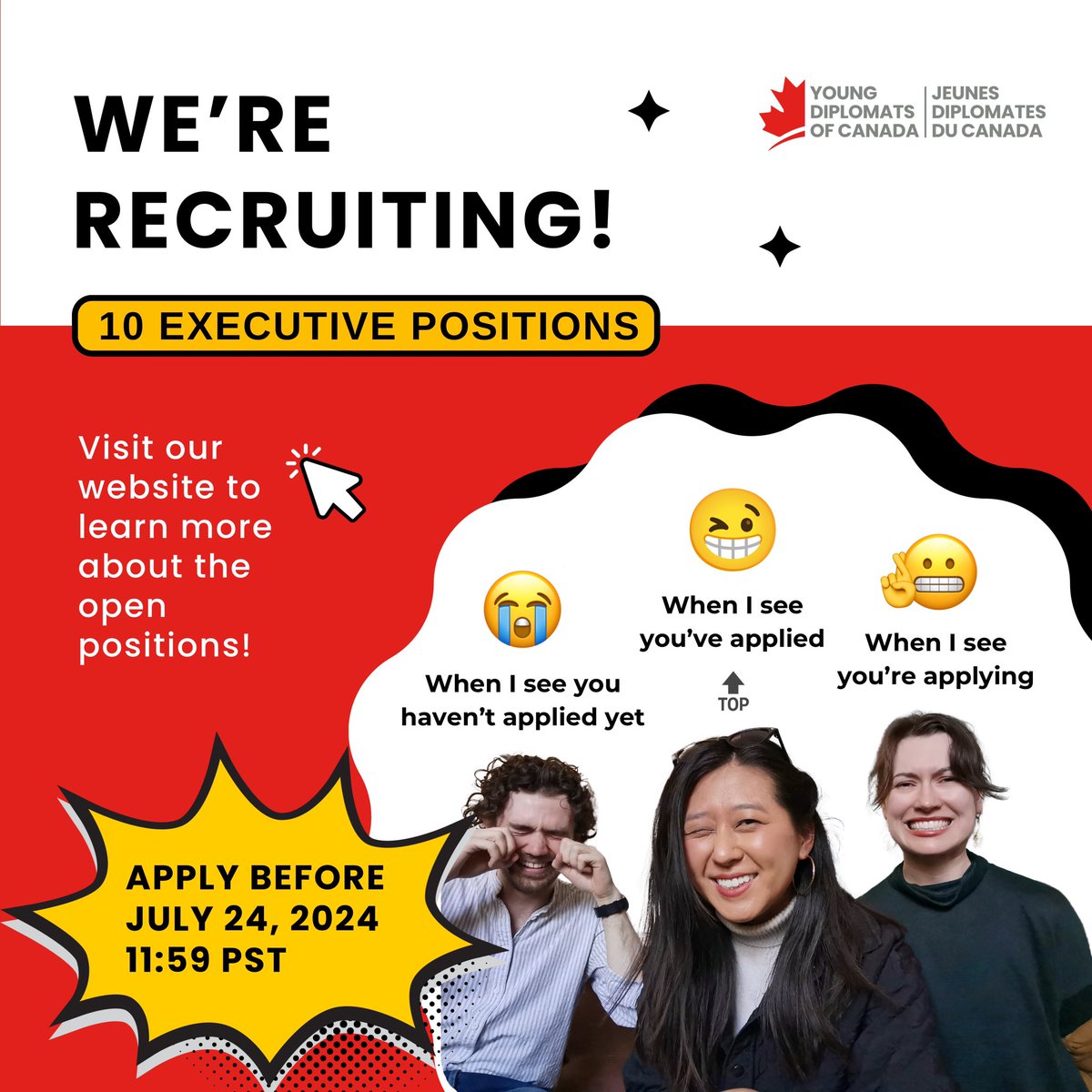 ‼️ We are still recruiting for 10 open positions across the Young Diplomats of Canada organization. 

✍️ Apply before July 24, 2024 at 11:59 pm PST and make a difference for the inclusion of youth voices in Canada’s foreign policy: youngdiplomats.ca/get-involved
