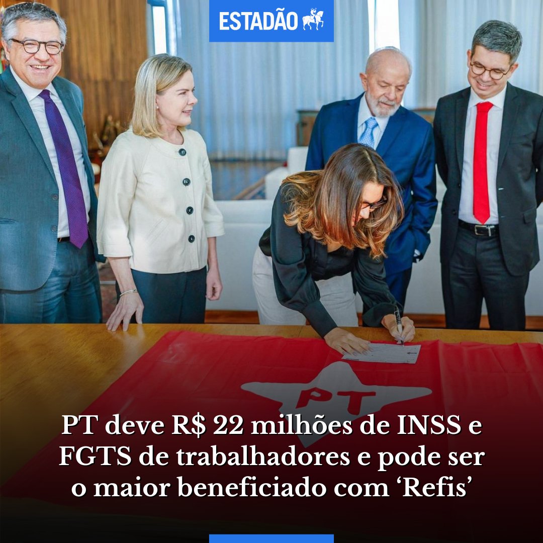 Estadao's tweet photo. PT deve R$ 22 milhões de INSS e FGTS de trabalhadores e pode ser o maior beneficiado com ‘Refis’

Proposta de parcelamento dos débitos está incluída na PEC da Anistia; o partido foi procurado, mas não houve resposta > https://t.co/fC0iOkAy8o

Foto: Ricardo Stuckert/PR https://t.co/YjmeBi0z1G