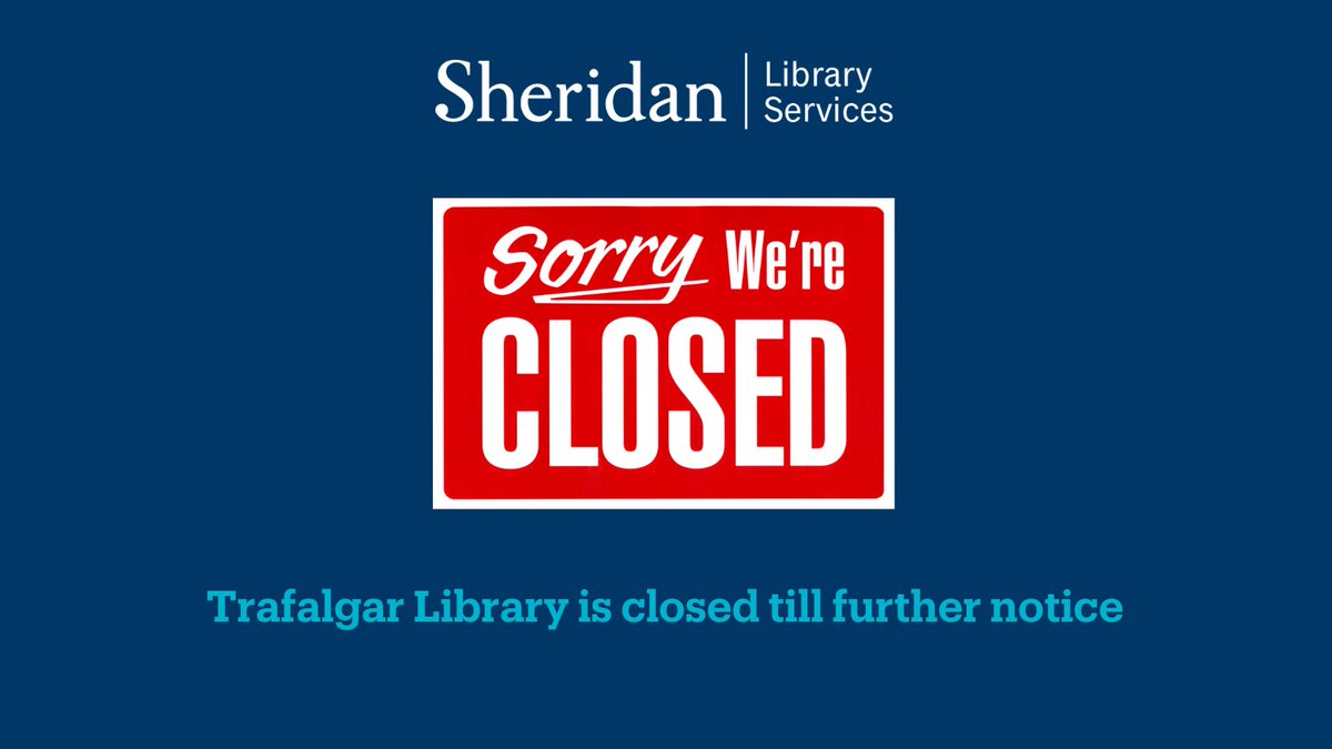 Trafalgar Library <a href="/sheridancollege/">sheridancollege</a>  is closed till further notice due to unforeseen water damage.
Our Library Learning Commons spaces remain open.
You can get research help at libary.sheridancollege.ca and return borrowed items through our book drop.
We appreciate your patience.