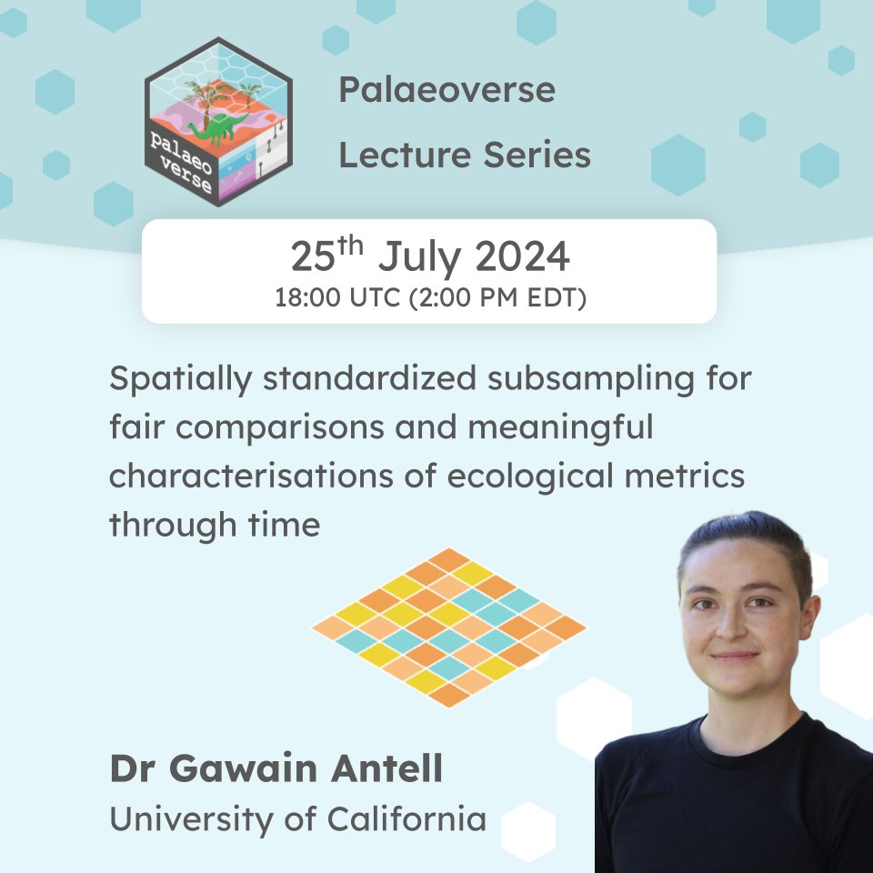 🚨Lecture series🚨 

This month we welcome @GawainAntell, who will present "Spatially standardized subsampling for fair comparisons &amp; meaningful characterisations of ecological metrics through time"

🗓️Thursday, July 25th, 18:00 UTC (2pm EDT) 
 ✍️Sign up: bit.ly/palaeoverse-le…