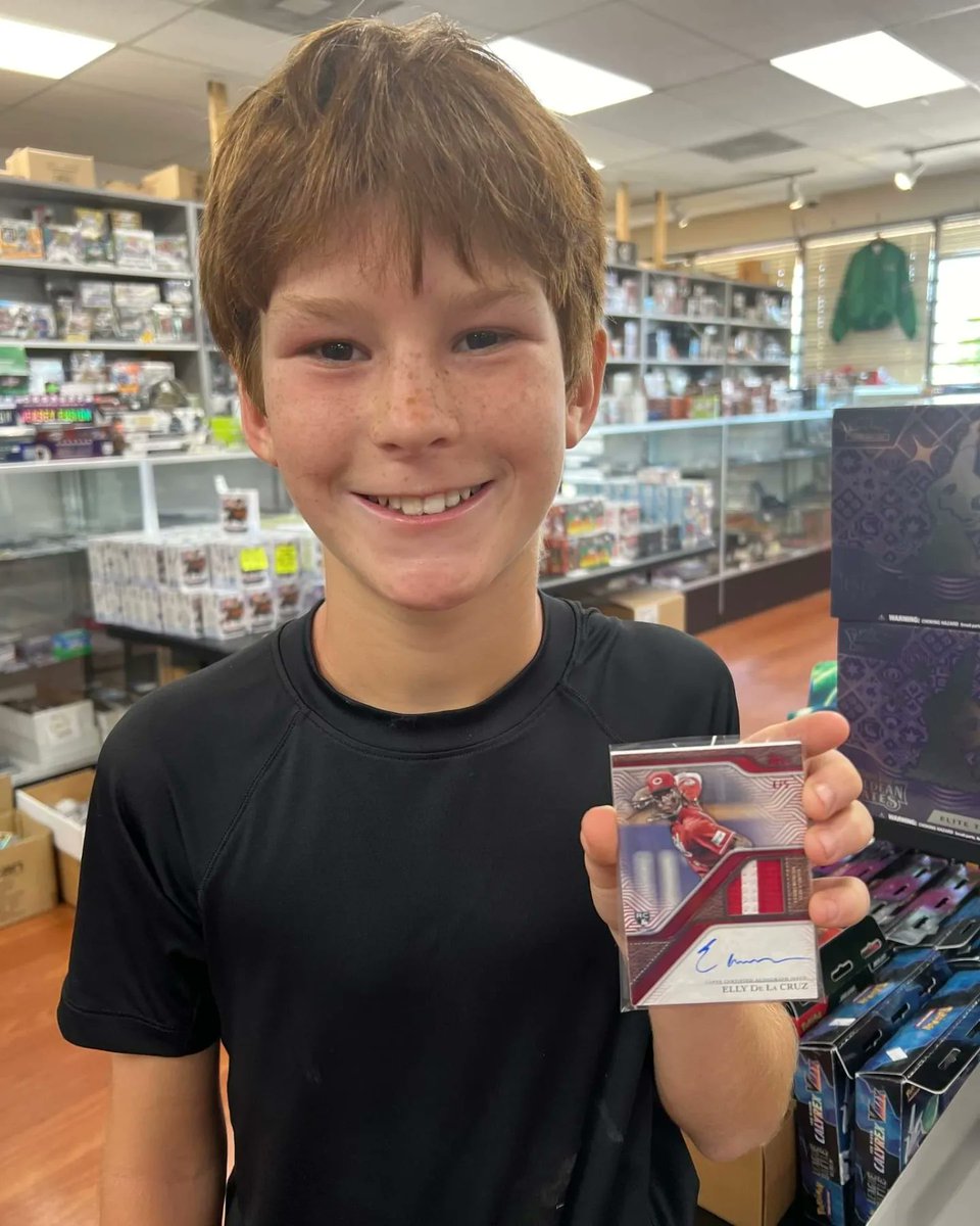 SportsCardsPlus's tweet photo. This young man &amp; his Dad pulled this ELLY DE LA CRUZ AUTO PATCH numbered to FIVE out of #toppsseriestwo CONGRATS GUYS 🎇🤘
- REMEMBER THIS SATURDAY -
CARD SHOW inside SCP this SATURDAY, July 20th from 11am to 5pm! 

Check out the 🔥 DEALER TABLES DEALS &amp; MORE! NO ADMISSION FEE! https://t.co/hGBLybFqMA