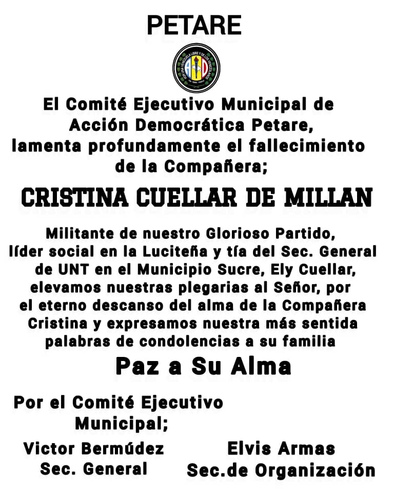 #18julio
Nota de Condolencia 
<a href="/AdPetare64352/">Vecinos de Petare</a>