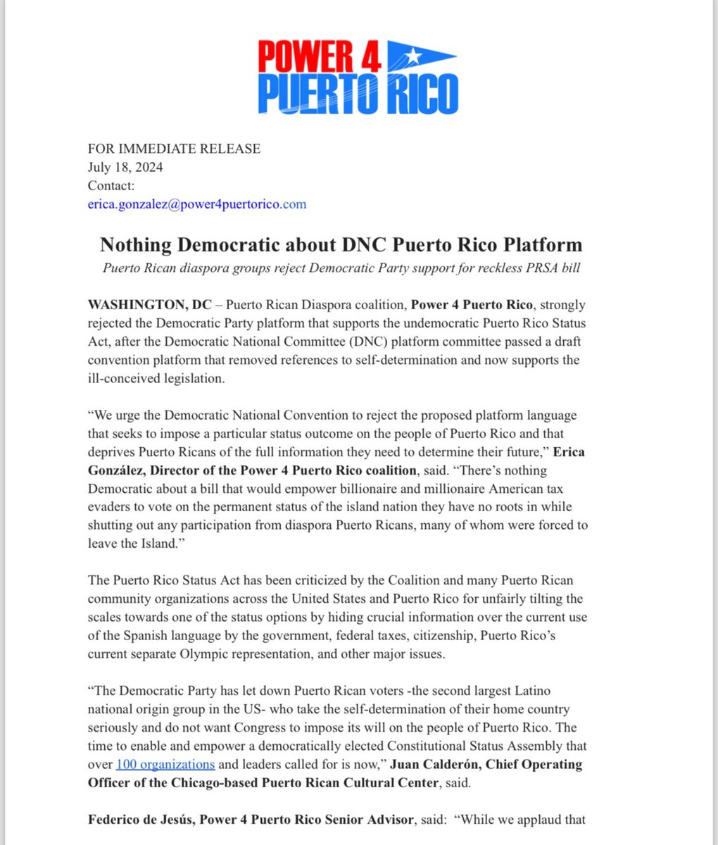 Pwr4PuertoRico's tweet photo. We urge the @DNC to side with true democracy instead of imposing a status option for #PuertoRico. Our statement on backing a bill that hides information from our people. https://t.co/BRBWjKion5
