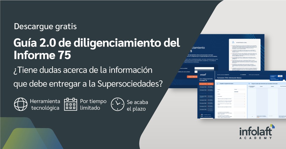 ¿Tiene dudas respecto al diligenciamiento del Informe 75? En <a href="/InfoLAFT/">Infolaft</a> hemos diseñado una herramienta tecnológica que le apoya en el cumplimiento de esta obligación para #SAGRILAFT y #PTEE. Descárguela sin costo: marketing.infolaft.com/informe-75-sag…