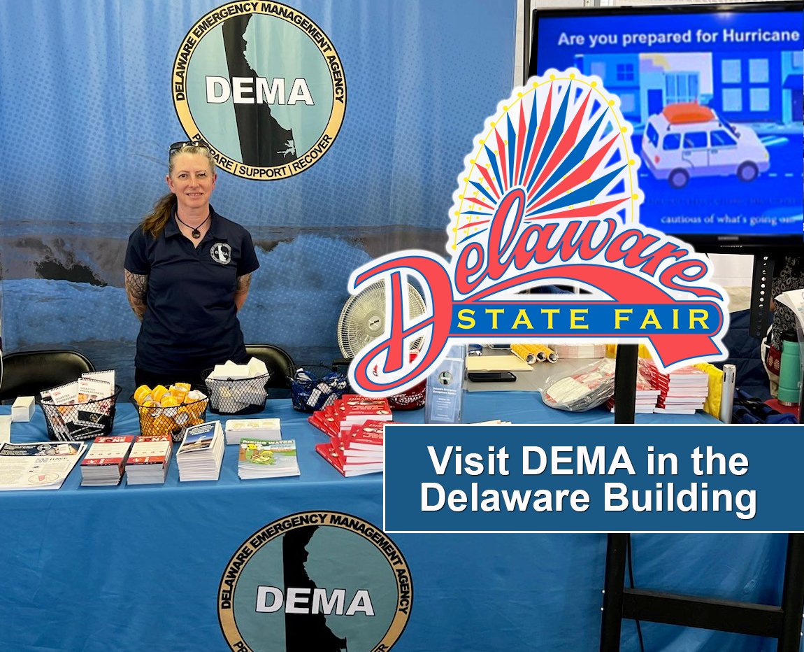 DelawareEMA's tweet photo. Meet DEMA at the Delaware State Fair! Join us in the Delaware Building near the M&T Grandstand from noon to 8 pm each day until July 27. Meet our staff, learn about preparedness, answer some questions, and score some great information resources and giveaways! #DelawareStateFair https://t.co/JGJaaUQQKx
