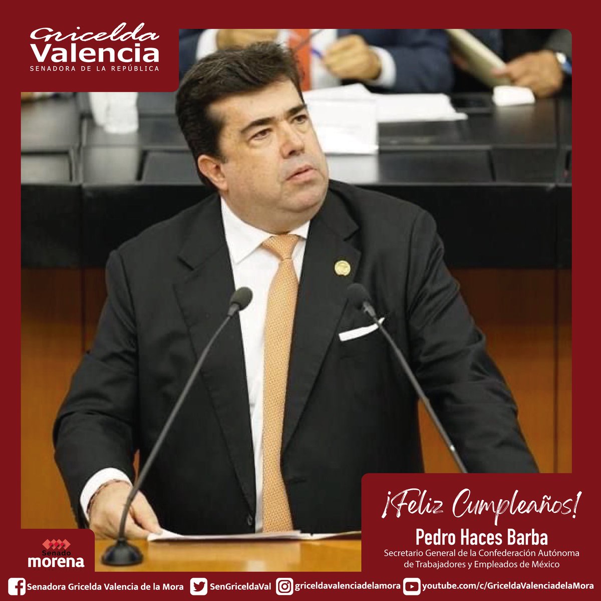 SenGriceldaVal's tweet photo. Envío una cordial felicitación al Secretario General de la Confederación Autónoma de Tabajadores y Empleados de México (@CatemNacional), @PedrohacesO, que este día te traiga muchas bendiciones y buenos deseos. 
¡Feliz Cumpleaños!
@MorenaSenadores #LXVLegislatura https://t.co/Gpfq0819bN
