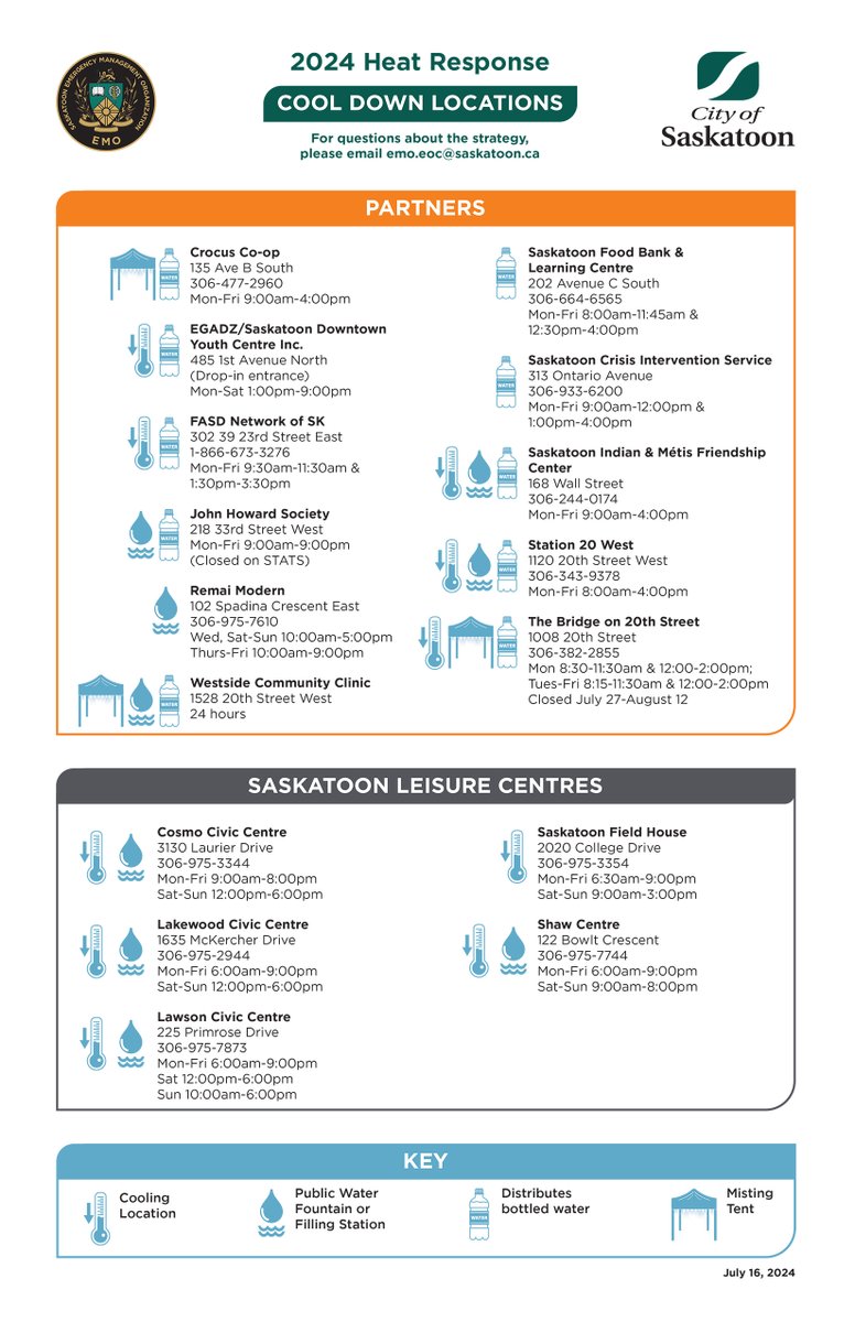 ⚠️ The Extreme Heat &amp; Air Quality Emergency Response Plan has been activated for JULY 18 – 23. Help us share the latest cool-down poster across #yxe and remember to check on your friends, family and neighbours during this extreme heat! ‍🔥
Visit saskatoon.ca/heat.