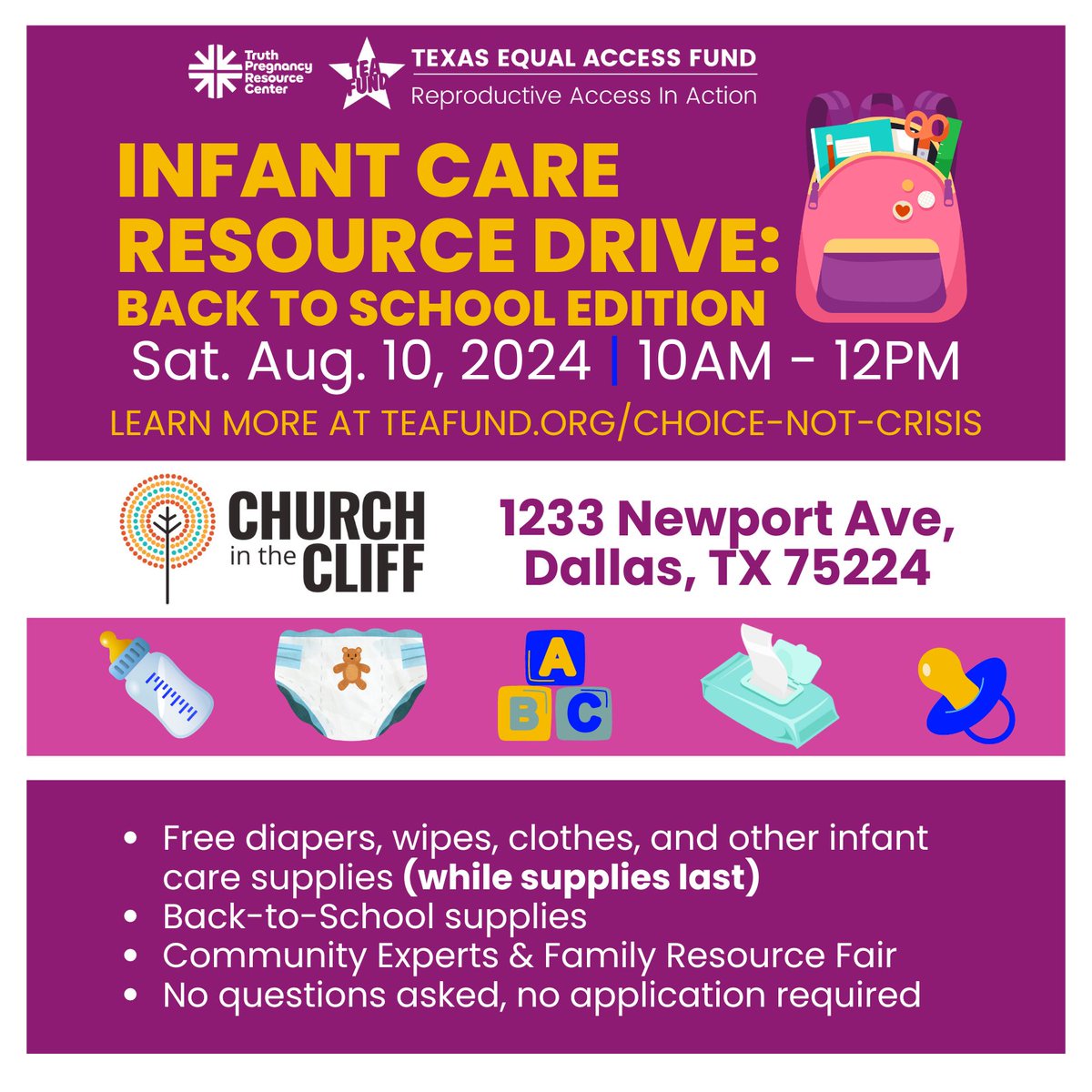 Hey Dallas! We will be giving out infant care supplies like diapers, clothes, wipes, and more on August 10 at Church in the Cliff in Oak Cliff. Help spread this info to people in need and also to people who can support with a donation.