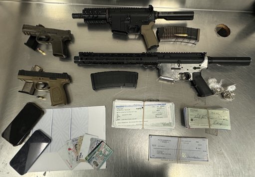 So #proud of the ⁦<a href="/fortworthpd/">Fort Worth Police</a>⁩ Gang and Narcotics Units for arresting 3 gang members with violent histories who had these weapons and stolen checks, etc! Excellent #police work! #FortWorthSafe