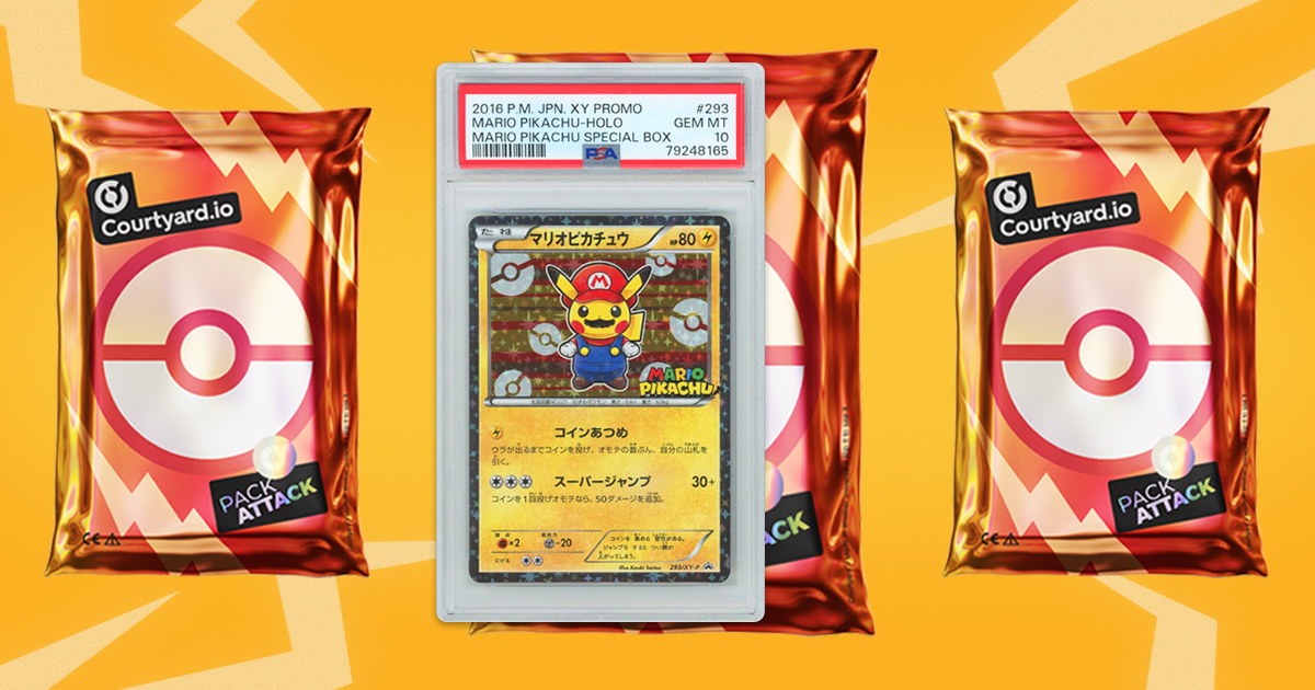 Courtyard_io's tweet photo. IT'S-A PACK ATTACK! ⚡️🍄

From now through 8pm ET on Wednesday 7/24, your Vending Machine rips could land you 1 of 3 bonus Pokémon packs, one of which holds a Mario Pikachu PSA 10.

🎟️ Starter Pack = 1 Entry
🎟️ Master Pack = 15 Entries

The more you rip, the better your odds 💥