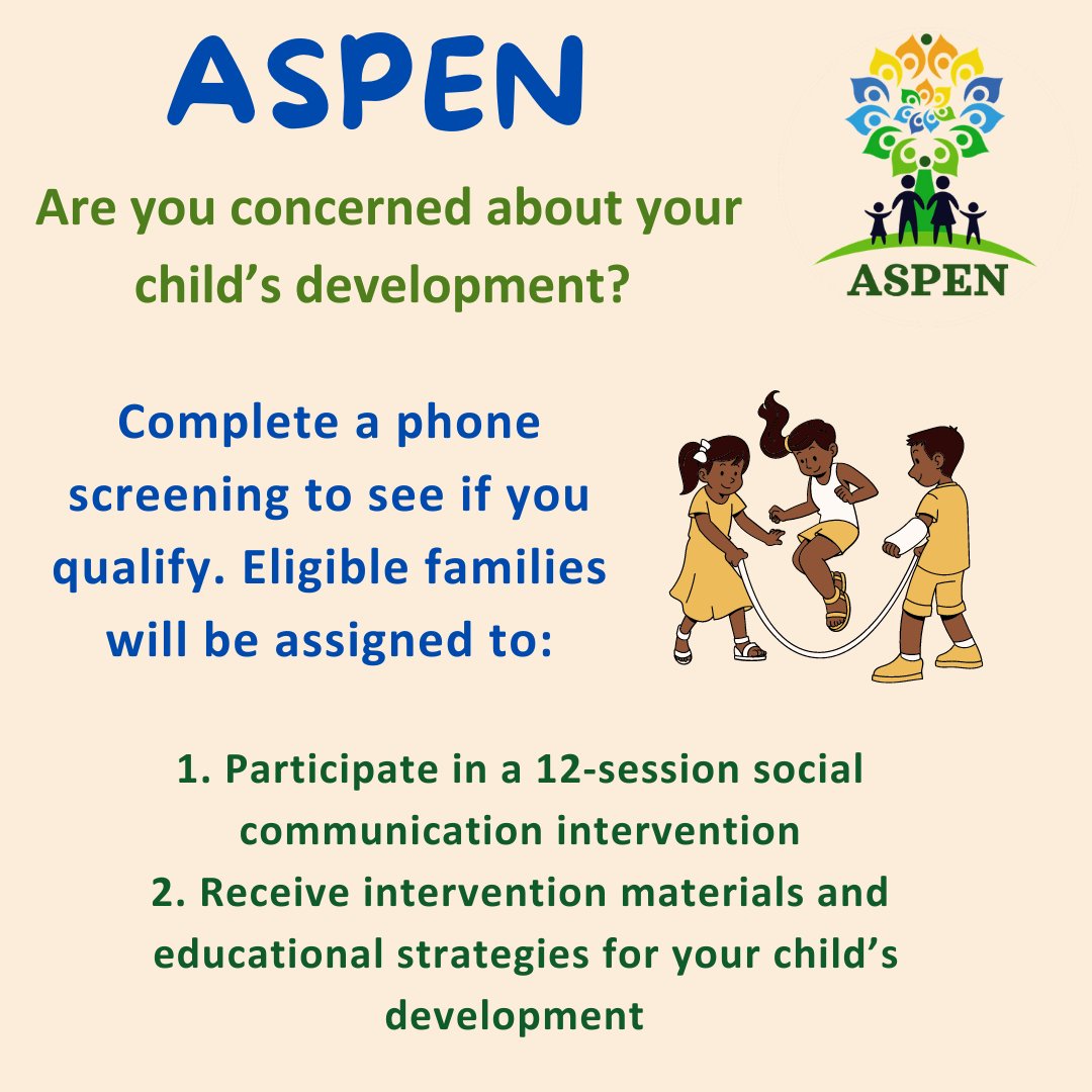 ASPENProgramTX's tweet image. Concerned with your child’s development? ASPEN could be a good fit for you!

Si esta preocupado por el desarrollo de su hijo, ¡ASPEN podría ser una buena opción para su familia!

Fill out our interest form here/Complete nuestro formulario de interés aquí: bit.ly/ASPENInterestF…