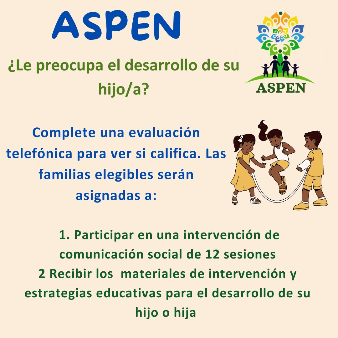 ASPENProgramTX's tweet image. Concerned with your child’s development? ASPEN could be a good fit for you!

Si esta preocupado por el desarrollo de su hijo, ¡ASPEN podría ser una buena opción para su familia!

Fill out our interest form here/Complete nuestro formulario de interés aquí: bit.ly/ASPENInterestF…