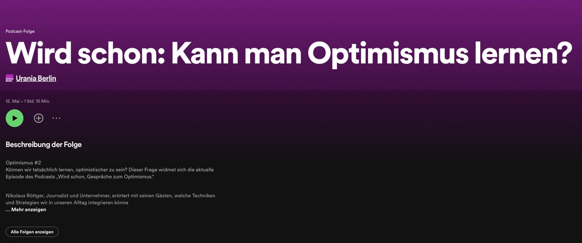 Urania Berlin (@uraniaberlin) on Twitter photo Kann man Optimismus lernen? Diese Frage stellten sich <a href="/nikolausr/">Nikolaus Roettger</a> und seine Gäste im März dieses Jahres auf der Bühne der Urania.
Jetzt, in den Sommerferien, ist vielleicht ein guter Zeitpunkt, sich das Gespräch noch einmal anzuhören.
Im Urania Podcast:
open.spotify.com/episode/03zIbA… Kann man Optimismus lernen? Diese Frage stellten sich <a href="/nikolausr/">Nikolaus Roettger</a> und seine Gäste im März dieses Jahres auf der Bühne der Urania.
Jetzt, in den Sommerferien, ist vielleicht ein guter Zeitpunkt, sich das Gespräch noch einmal anzuhören.
Im Urania Podcast:
open.spotify.com/episode/03zIbA…